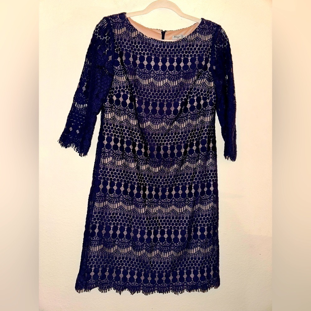Eliza J women’s navy lace overlay 3/4 sleeve knee length dress formal office 6